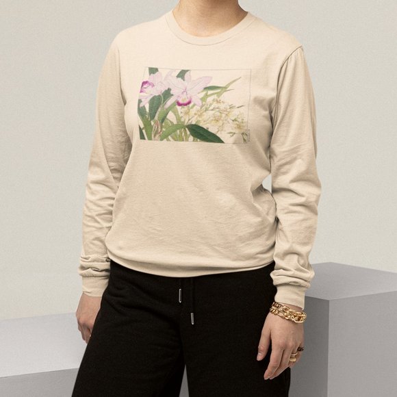Japanese Orchid Flowers Ukyio-e Print Long Sleeve Graphic Tee T-shirt S M L XL - Picture 4 of 6